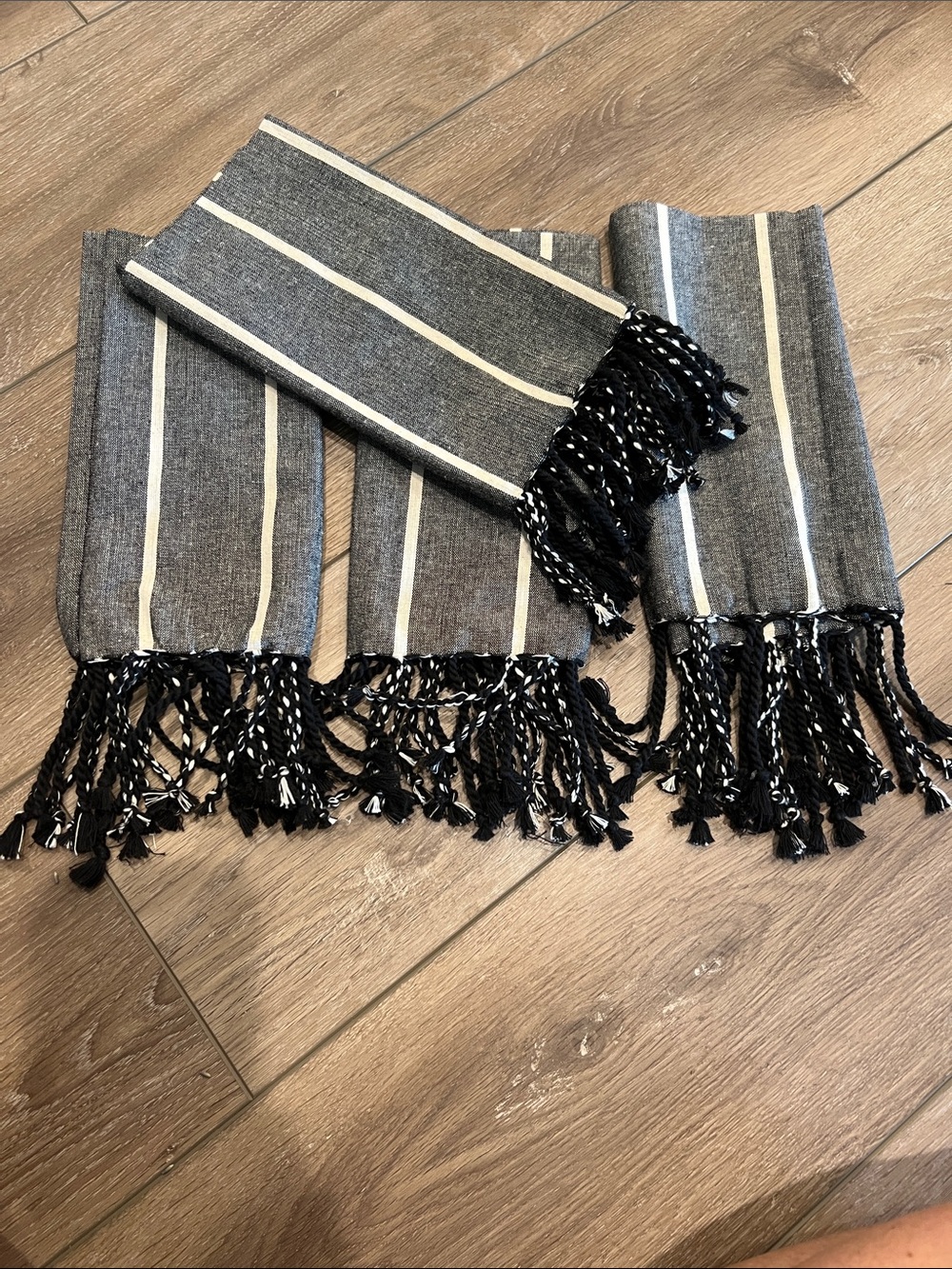Striped Black & Cream Fringed Cloth Napkin Set